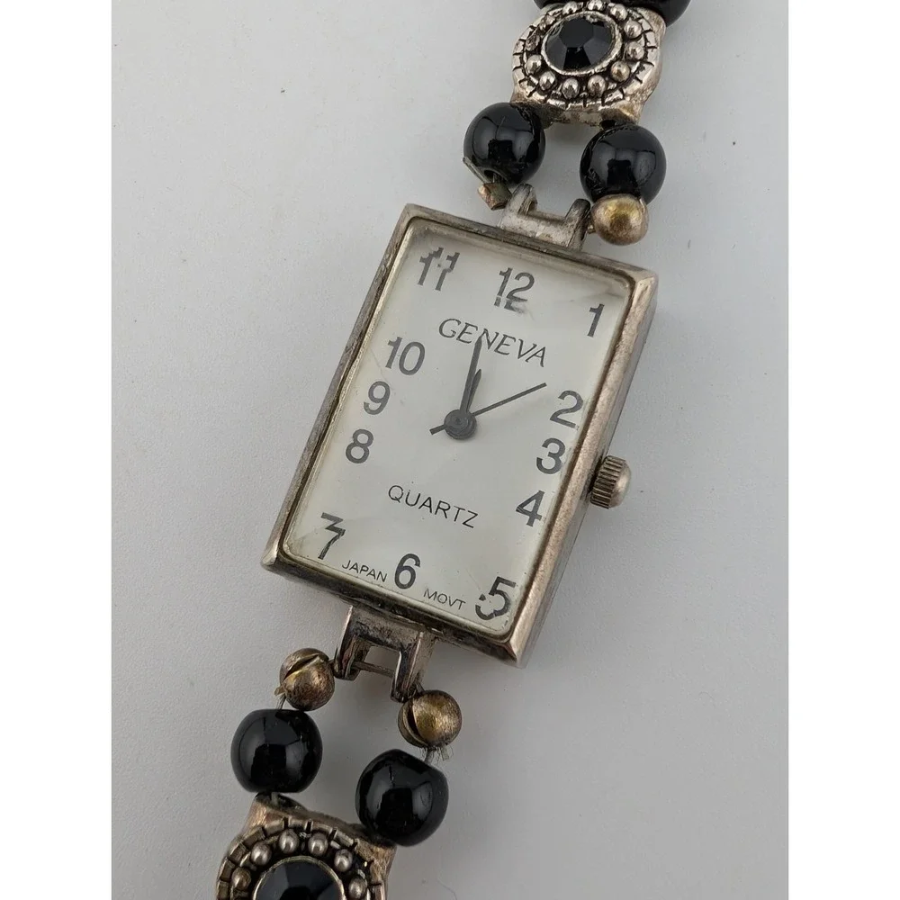Geneva Watch Women 19mm Case Silver & Black Beaded Band Toggle Clasp New Battery